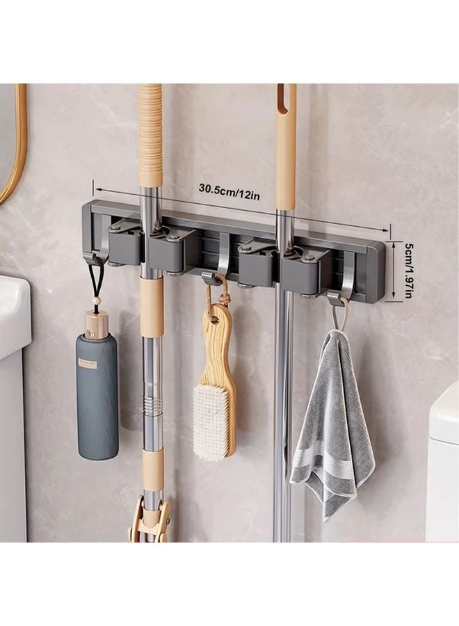 حامل مكنسة معدني متين للحائط مع 3 خطاطيف ومشبكين باللون الرمادي - Image 2