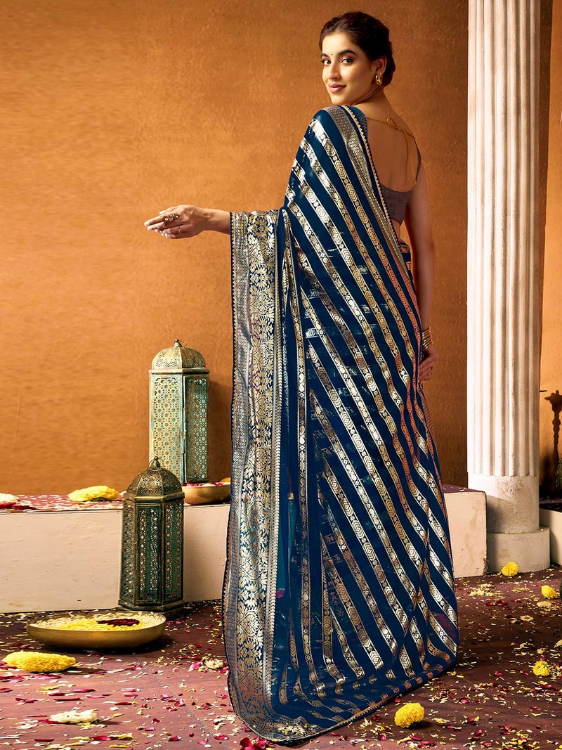 Satrani Women's Georgette Foil Print Gota Lace Work Saree with Unstitched Blouse Piece (4370S299N_Rama Blue2) - Image 3