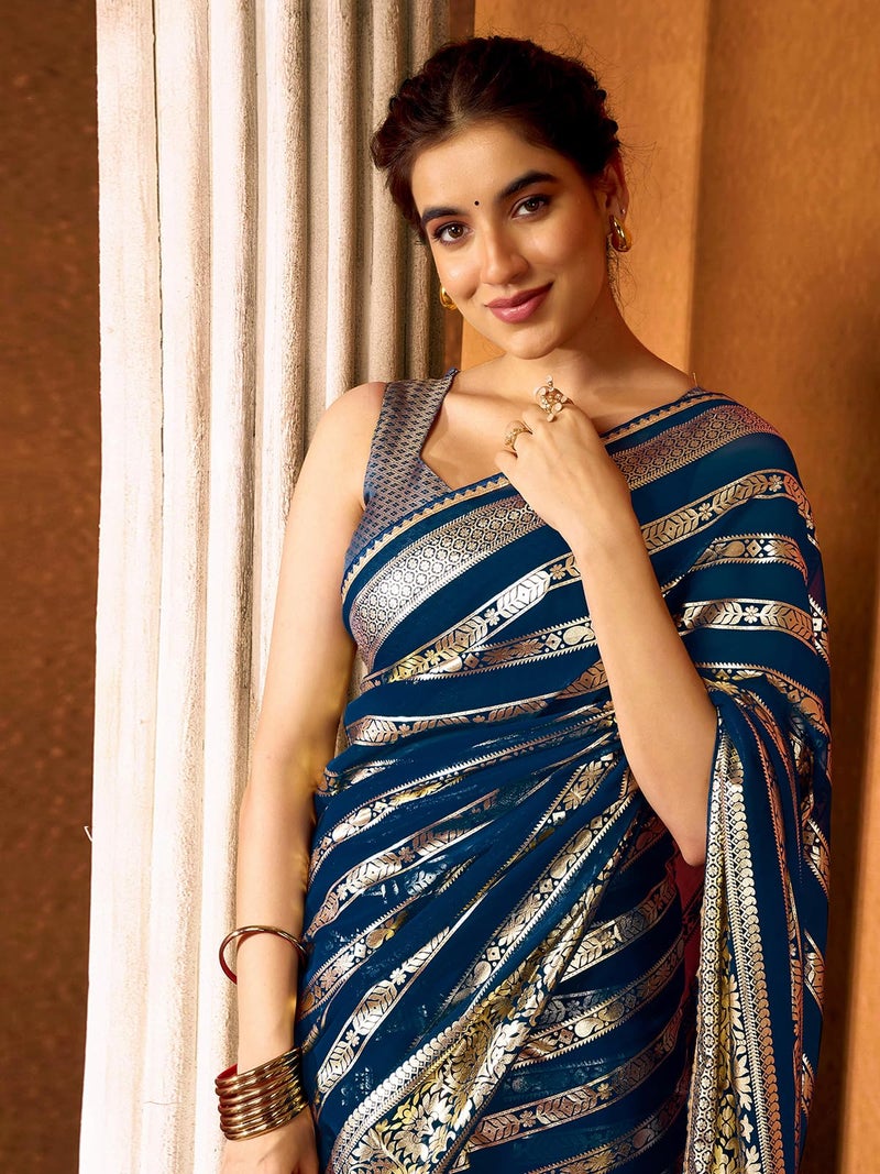 Satrani Women's Georgette Foil Print Gota Lace Work Saree with Unstitched Blouse Piece (4370S299N_Rama Blue2) - Image 4