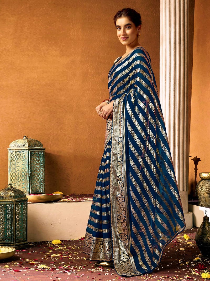 Satrani Women's Georgette Foil Print Gota Lace Work Saree with Unstitched Blouse Piece (4370S299N_Rama Blue2) - Image 2