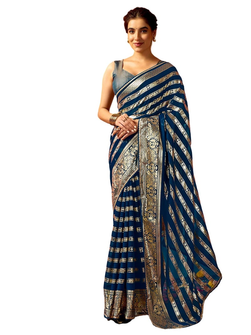 Satrani Women's Georgette Foil Print Gota Lace Work Saree with Unstitched Blouse Piece (4370S299N_Rama Blue2) - Image 1