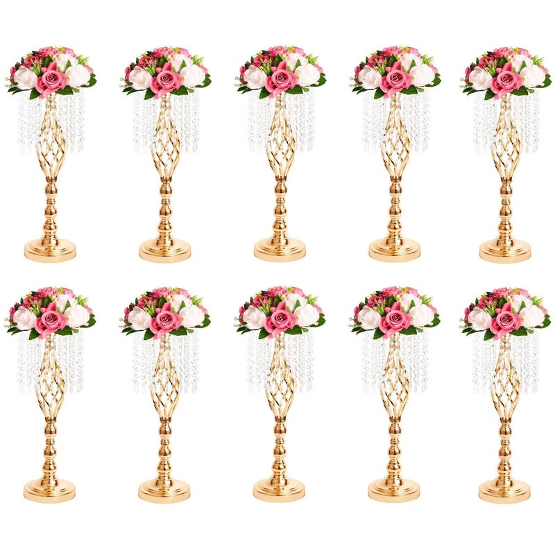 Metal Flower Stands with Crystal Beads Wedding Centerpieces for Table Decorations Elegant Metal Flower Arrangement Stands Flower Vases for Wedding Party Celebration Home Decor Gold10pcs