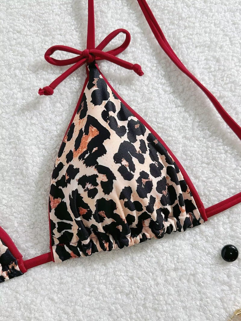 Falainetee Women's Leopard Print Bathing Suit High Waisted Halter Bow Swimsuit Bikini Set Brown S - Image 3
