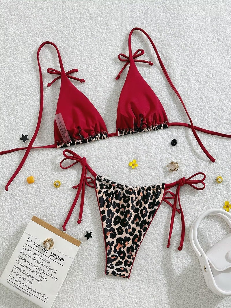 Falainetee Women's Leopard Print Bathing Suit High Waisted Halter Bow Swimsuit Bikini Set Brown S - Image 2