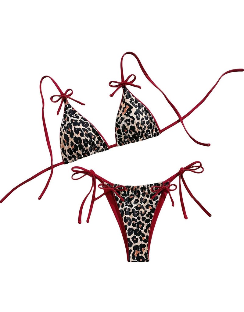 Falainetee Women's Leopard Print Bathing Suit High Waisted Halter Bow Swimsuit Bikini Set Brown S - Image 1