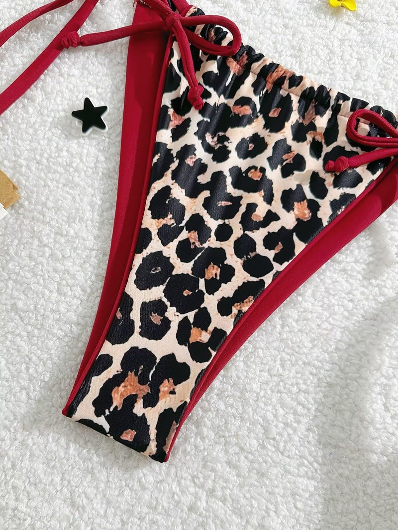 Falainetee Women's Leopard Print Bathing Suit High Waisted Halter Bow Swimsuit Bikini Set Brown S - Image 4