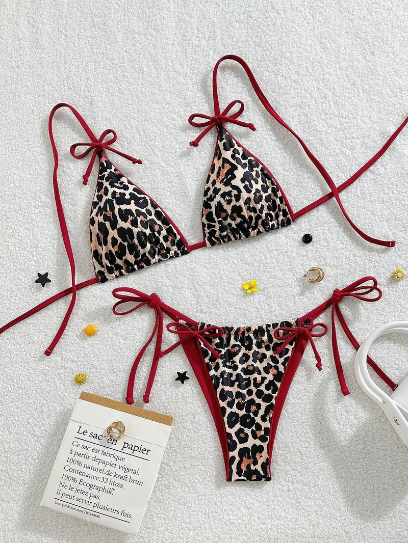 Falainetee Women's Leopard Print Bathing Suit High Waisted Halter Bow Swimsuit Bikini Set Brown S - Image 5