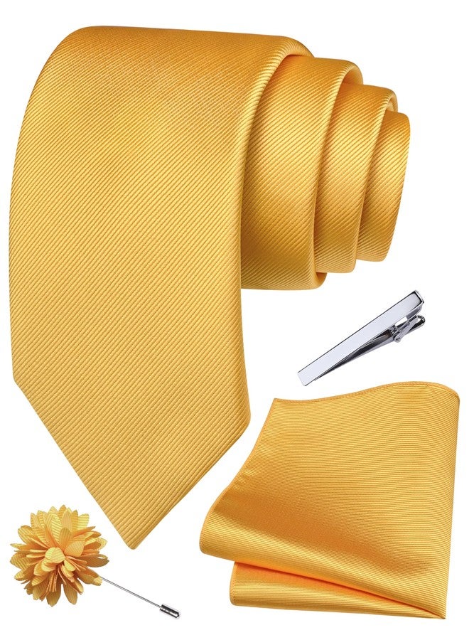 Branduce Mens Gold Tie for Wedding Solid Jacquard Woven Necktie Pocket Square Tie Clip and Lapel Pin Brooch Set (TA15-11) - Image 1