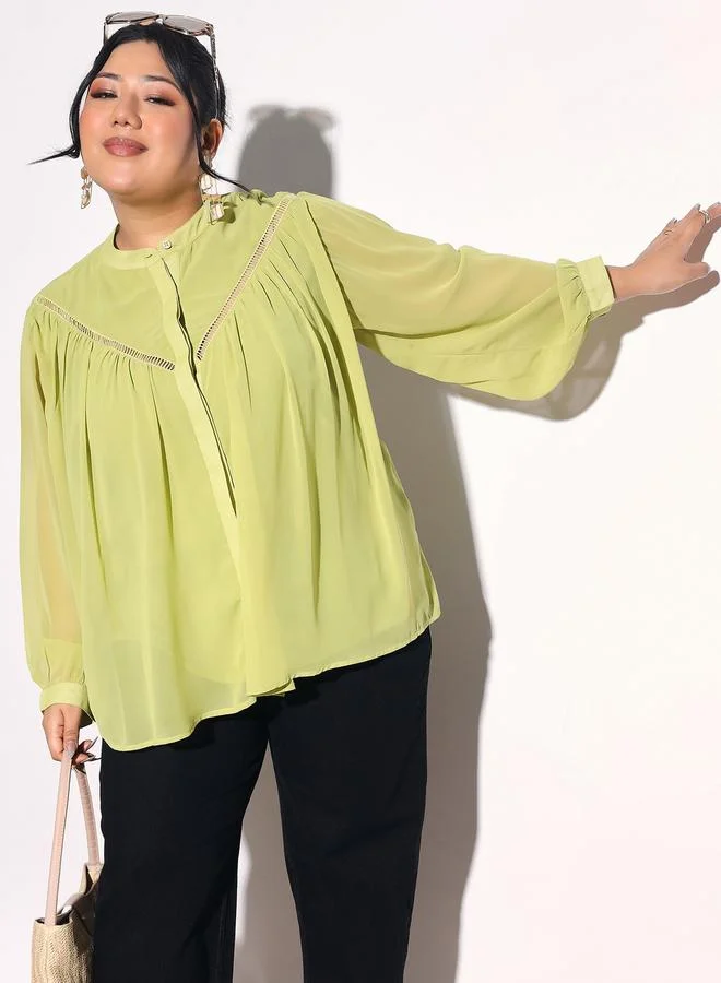 SASSAFRAS Plus Size Green Chiffon Blouse with Lace Detail