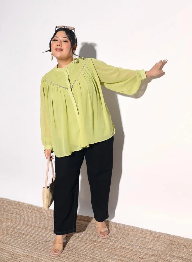 SASSAFRAS Plus Size Green Chiffon Blouse with Lace Detail