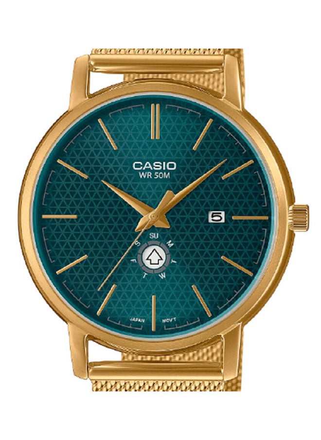 Men Watch Analog Green Dial Stainless Steel Mesh Gold Ion Plated Band And Case MTP-B125MG-3AVDF