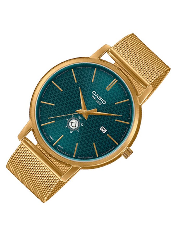 Men Watch Analog Green Dial Stainless Steel Mesh Gold Ion Plated Band And Case MTP-B125MG-3AVDF