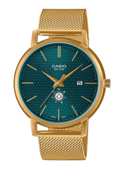 Men Watch Analog Green Dial Stainless Steel Mesh Gold Ion Plated Band And Case MTP-B125MG-3AVDF