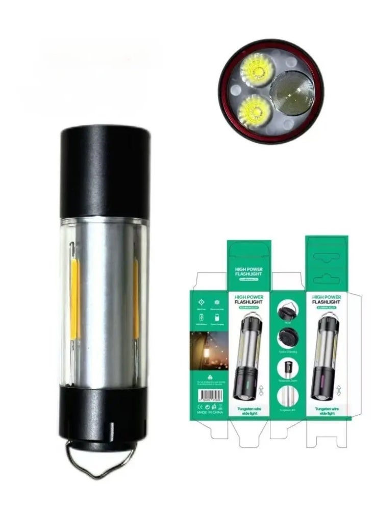 مصباح يدوي خارجي عالي الطاقة مصنوع من سبائك الألومنيوم مع تركيز ليزر أبيض، وضوء تحذير أصفر/أحمر وشحن سريع من النوع C - مصباح يدوي تخييم فائق السطوع - Image 2