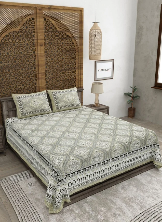 CLOTHOLOGY CLOTHOLOGY Grey & White Printed Pure Cotton 180 TC King Bedsheet Set