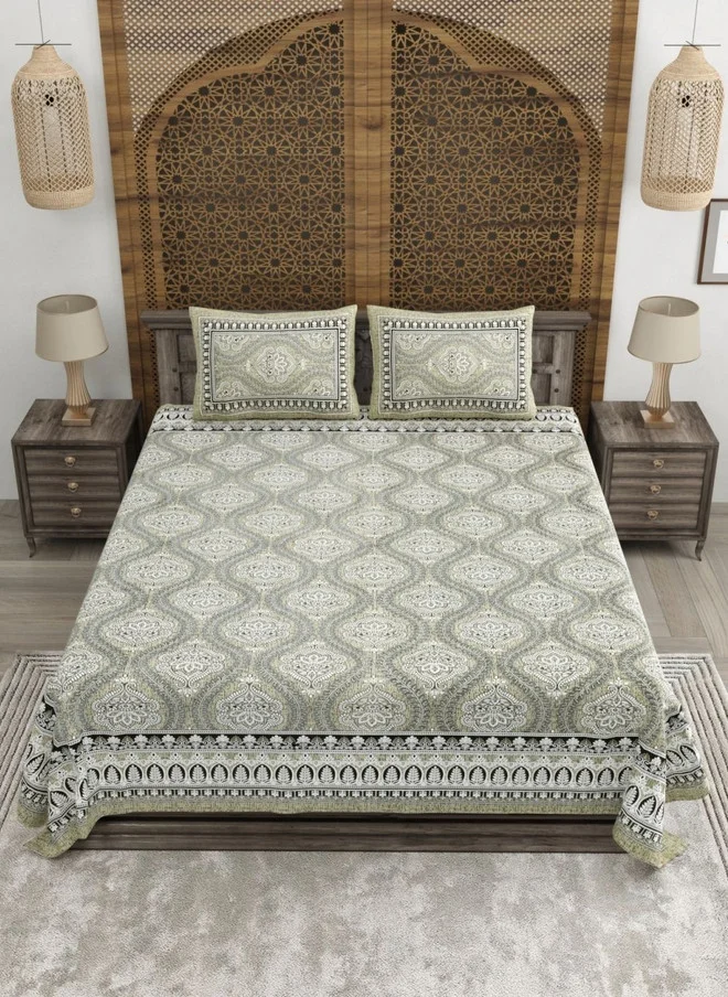 CLOTHOLOGY CLOTHOLOGY Grey & White Printed Pure Cotton 180 TC King Bedsheet Set