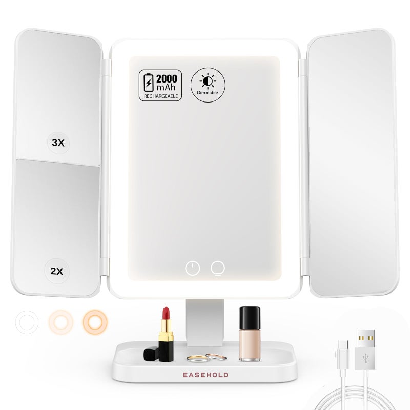 EASEHOLD Lighted Makeup Mirror with 3X Magnification, 3 Color Lights & Touch Sensor - Rechargeable Trifold Vanity Mirror for Travel, Desk, Home Use - Image 1
