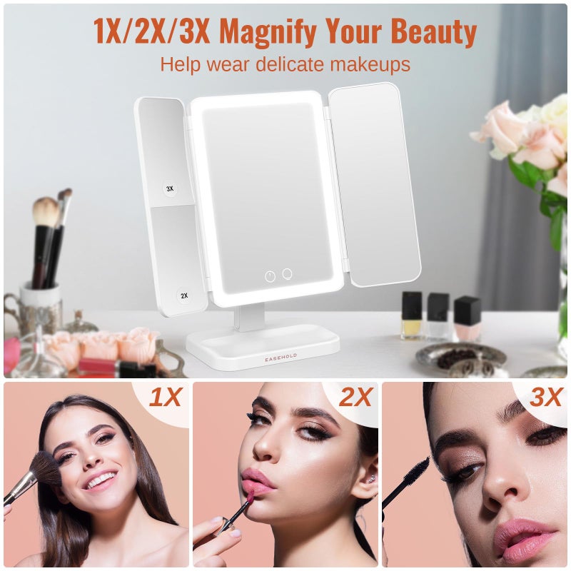 EASEHOLD Lighted Makeup Mirror with 3X Magnification, 3 Color Lights & Touch Sensor - Rechargeable Trifold Vanity Mirror for Travel, Desk, Home Use - Image 2