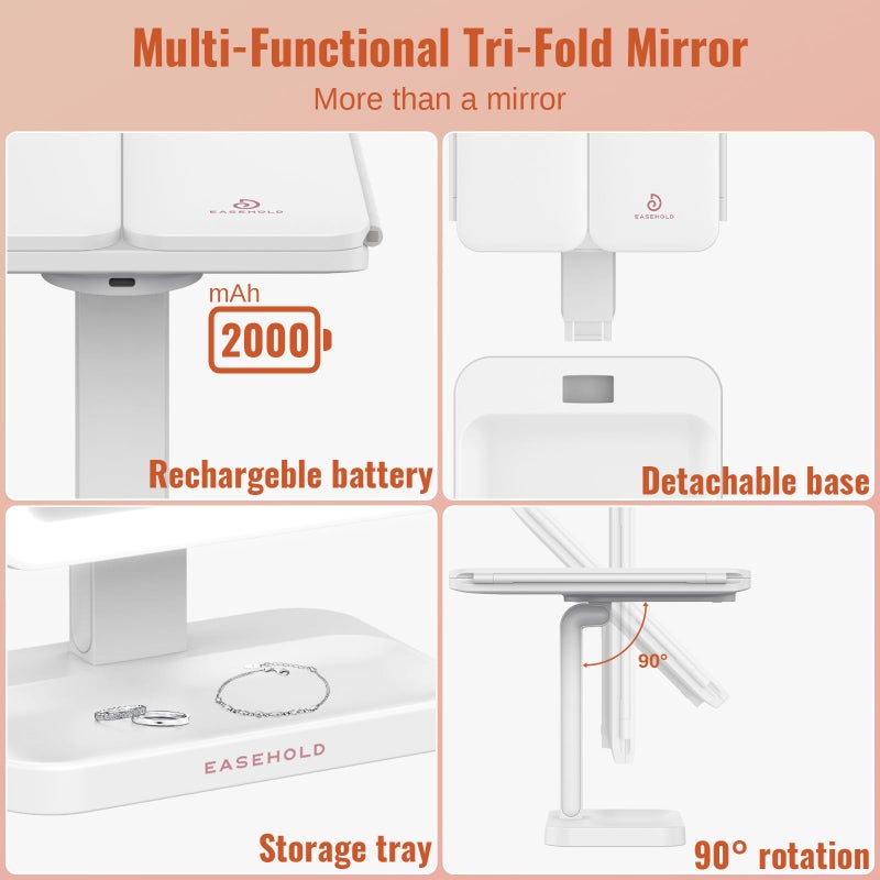 EASEHOLD Lighted Makeup Mirror with 3X Magnification, 3 Color Lights & Touch Sensor - Rechargeable Trifold Vanity Mirror for Travel, Desk, Home Use - Image 5