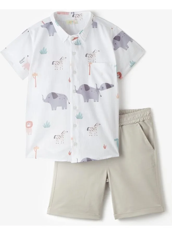 JUNE June Boy Patterned Shirt Woven Short 2-Pack Set Anthracite - White