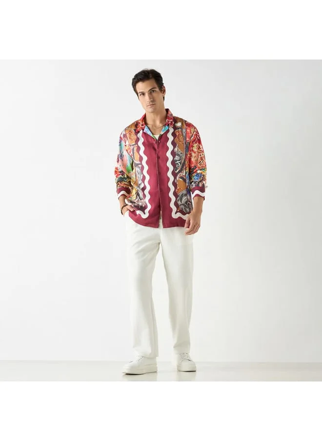 Iconic Iconic Regular Fit Printed Shirt with Camp Collar and Long Sleeves