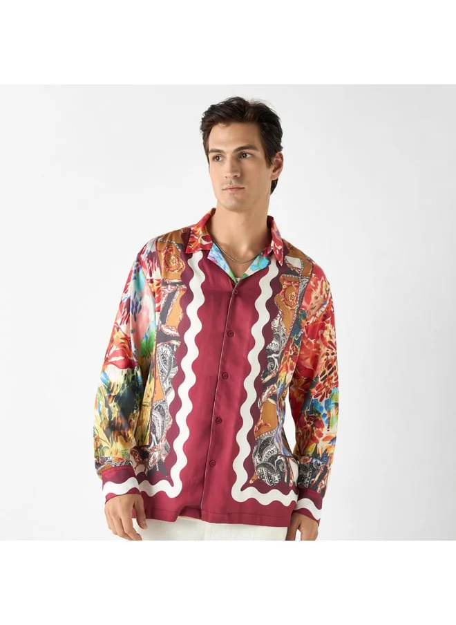 Iconic Iconic Regular Fit Printed Shirt with Camp Collar and Long Sleeves