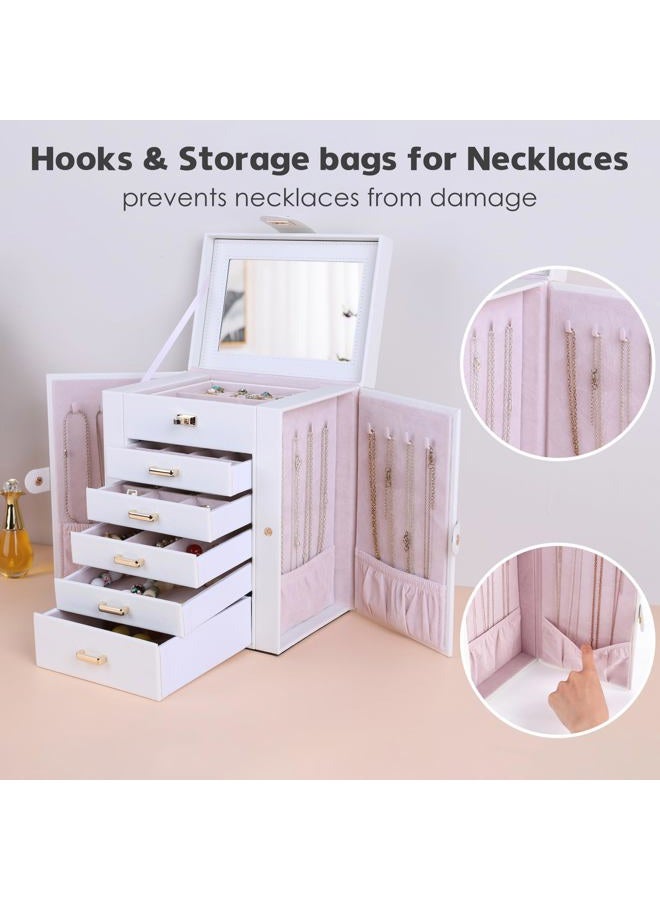 Kendal Jewelry Box, 6-Layer Jewelry Storage Organizer for Necklace Bracelet Rings Watch, 10.2"x8.2"x6" Classic PU Leather 5 Drawers Large Storage Capacity with Mirror - Image 4