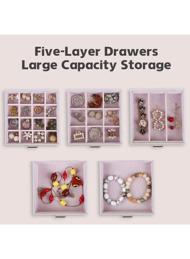 Kendal Jewelry Box, 6-Layer Jewelry Storage Organizer for Necklace Bracelet Rings Watch, 10.2"x8.2"x6" Classic PU Leather 5 Drawers Large Storage Capacity with Mirror - Image 3