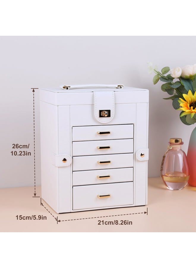 Kendal Jewelry Box, 6-Layer Jewelry Storage Organizer for Necklace Bracelet Rings Watch, 10.2"x8.2"x6" Classic PU Leather 5 Drawers Large Storage Capacity with Mirror - Image 2