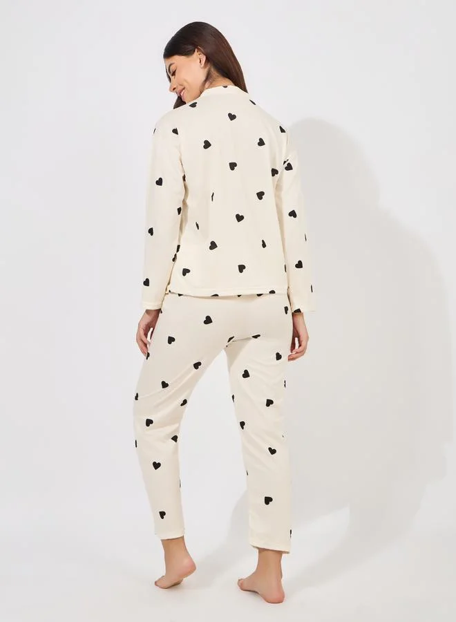 Styli AOP Heart Collarless Shirt & Pyjama Set