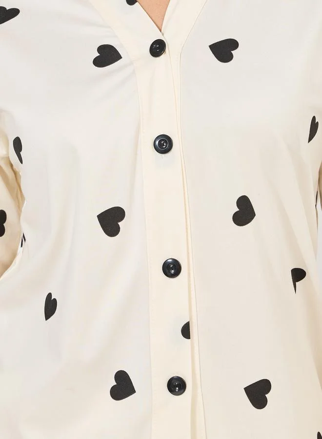 Styli AOP Heart Collarless Shirt & Pyjama Set