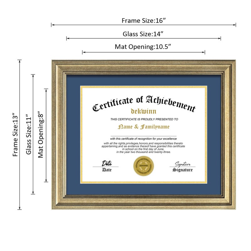 DEKWINN,Diploma Frame 8.5x11 with Mat or 11x14 without Mat,1 Pack Rustic Brown Certificate Document Frame with Real Glass (Blue/Gold Double Mat,an extra Black Mat included) - Image 2