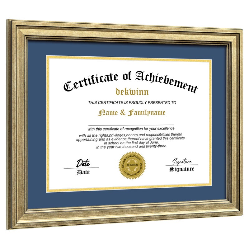 DEKWINN,Diploma Frame 8.5x11 with Mat or 11x14 without Mat,1 Pack Rustic Brown Certificate Document Frame with Real Glass (Blue/Gold Double Mat,an extra Black Mat included) - Image 1
