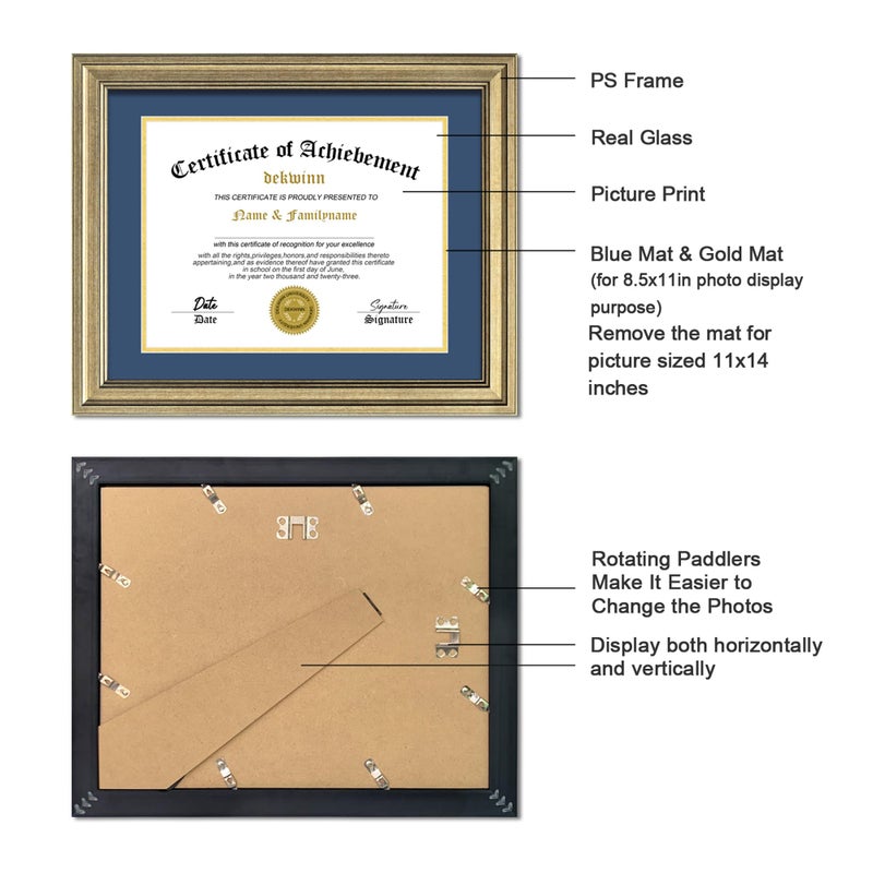 DEKWINN,Diploma Frame 8.5x11 with Mat or 11x14 without Mat,1 Pack Rustic Brown Certificate Document Frame with Real Glass (Blue/Gold Double Mat,an extra Black Mat included) - Image 3
