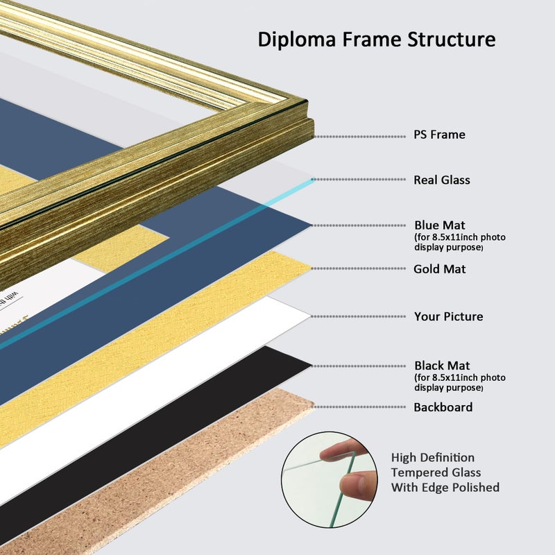 DEKWINN,Diploma Frame 8.5x11 with Mat or 11x14 without Mat,1 Pack Rustic Brown Certificate Document Frame with Real Glass (Blue/Gold Double Mat,an extra Black Mat included) - Image 5