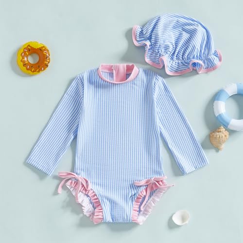 Socutebabe Baby Girl Swimsuit Baby Girls Long Sleeve One Piece Swimsuit Romper with Hat Bathing Suit Beach Rash Guard (G-T-Blue, 18-24 Months) - Image 2