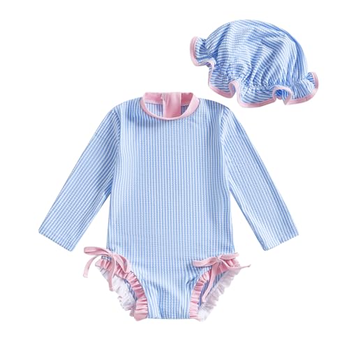 Socutebabe Baby Girl Swimsuit Baby Girls Long Sleeve One Piece Swimsuit Romper with Hat Bathing Suit Beach Rash Guard (G-T-Blue, 18-24 Months) - Image 1