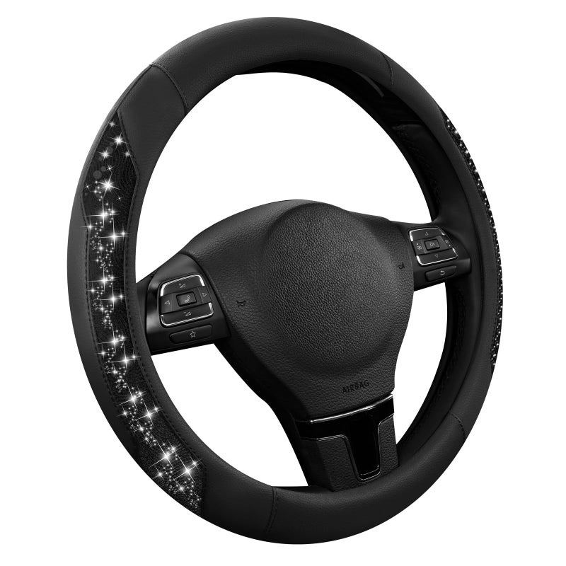 PIC AUTO Steering Wheel Cover, Black Sparkly Crystal Bling Glitter with Leather, Universal Fit 14.5"-15.5" Car Steering Wheels for Girls & Women, Anti-Slip Wheels Cover for Cars, Trucks, Van, SUVs - Image 1
