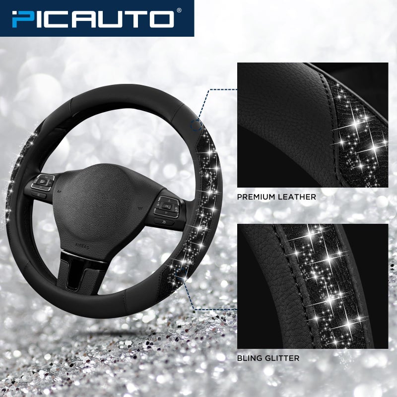 PIC AUTO Steering Wheel Cover, Black Sparkly Crystal Bling Glitter with Leather, Universal Fit 14.5"-15.5" Car Steering Wheels for Girls & Women, Anti-Slip Wheels Cover for Cars, Trucks, Van, SUVs - Image 3