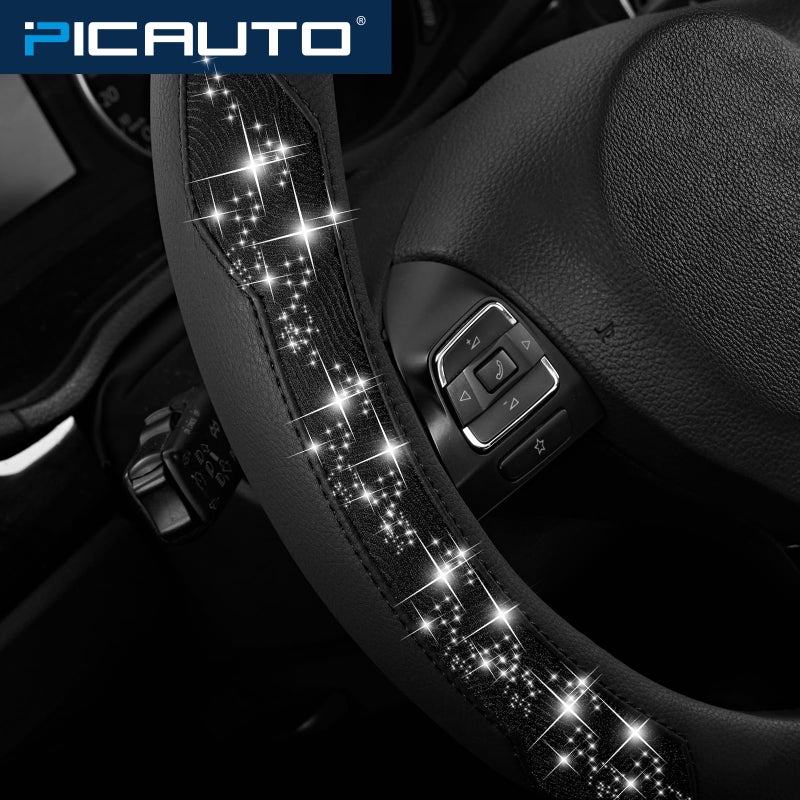 PIC AUTO Steering Wheel Cover, Black Sparkly Crystal Bling Glitter with Leather, Universal Fit 14.5"-15.5" Car Steering Wheels for Girls & Women, Anti-Slip Wheels Cover for Cars, Trucks, Van, SUVs - Image 5