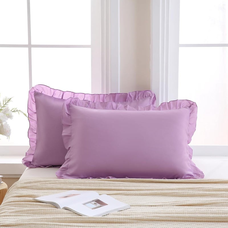 Merryword Lavender Purple Pillowcases King Size Ruffled Pillow Shams Set of 2 Cute Pillowcases Light Purple Shabby Chic Pillow Cover 2 Pack - Image 2