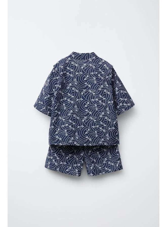 Magu Unisex Children’s Cotton Navy Patterned T-Shirt and Shorts Set