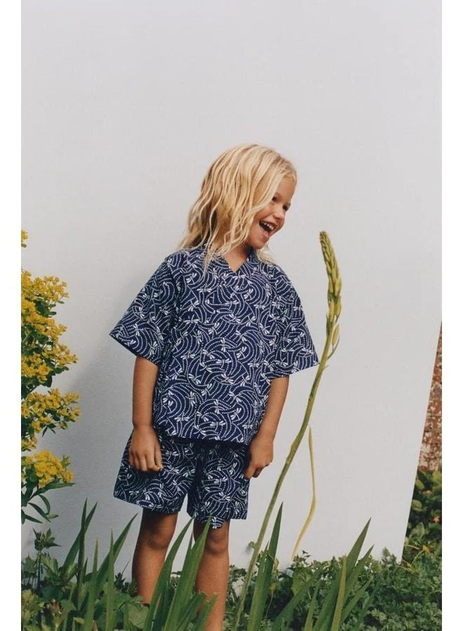 Magu Unisex Children’s Cotton Navy Patterned T-Shirt and Shorts Set