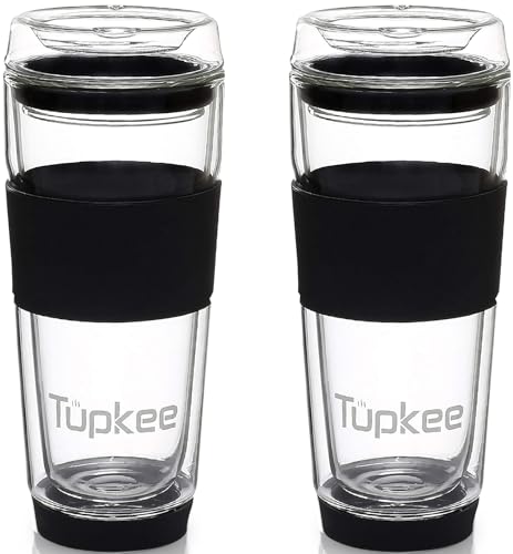 Tupkee Double Wall All Glass Tumbler  14Ounce Reusable Insulated TeaCoffee Mug  Lid Hand Blown Glass Travel Mug  Black  2 Pack