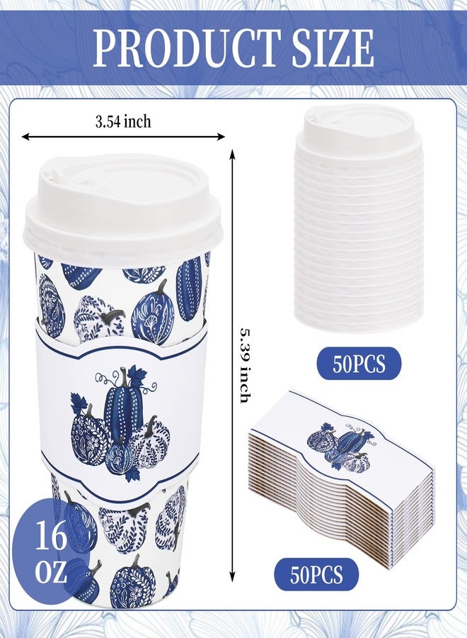 Whaline أكواب قهوة قابلة للتصرف 50 قطعة سعة 16 أونصة من وايلين مع أغطية وأكمام زرقاء بيضاء مزينة بالقرع والزهور لأغراض الخريف وعيد الشكر للمطاعم والبيت - Image 2