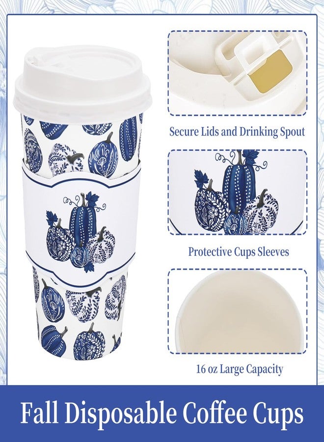 Whaline أكواب قهوة قابلة للتصرف 50 قطعة سعة 16 أونصة من وايلين مع أغطية وأكمام زرقاء بيضاء مزينة بالقرع والزهور لأغراض الخريف وعيد الشكر للمطاعم والبيت - Image 3
