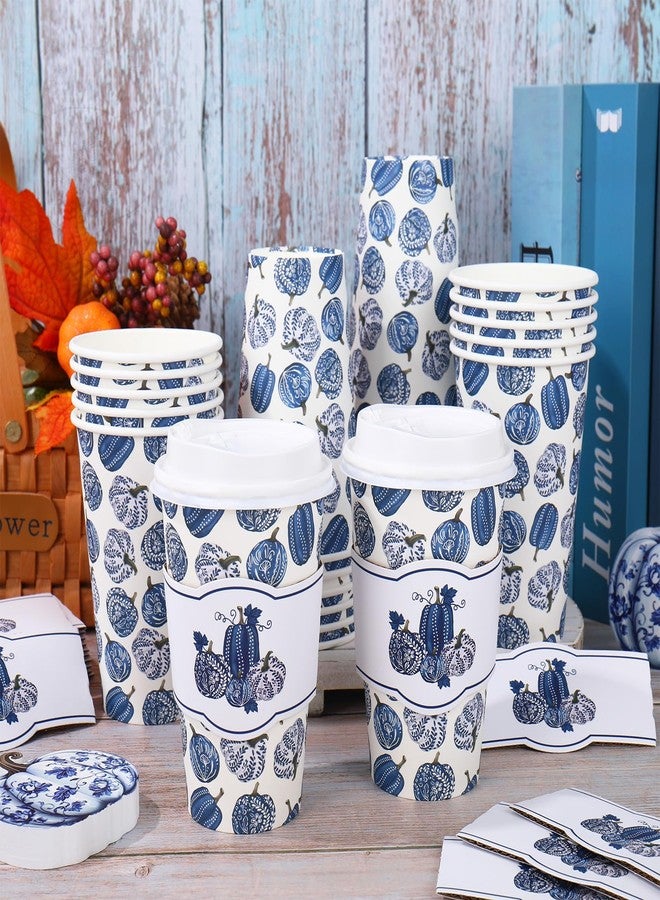 Whaline أكواب قهوة قابلة للتصرف 50 قطعة سعة 16 أونصة من وايلين مع أغطية وأكمام زرقاء بيضاء مزينة بالقرع والزهور لأغراض الخريف وعيد الشكر للمطاعم والبيت - Image 5