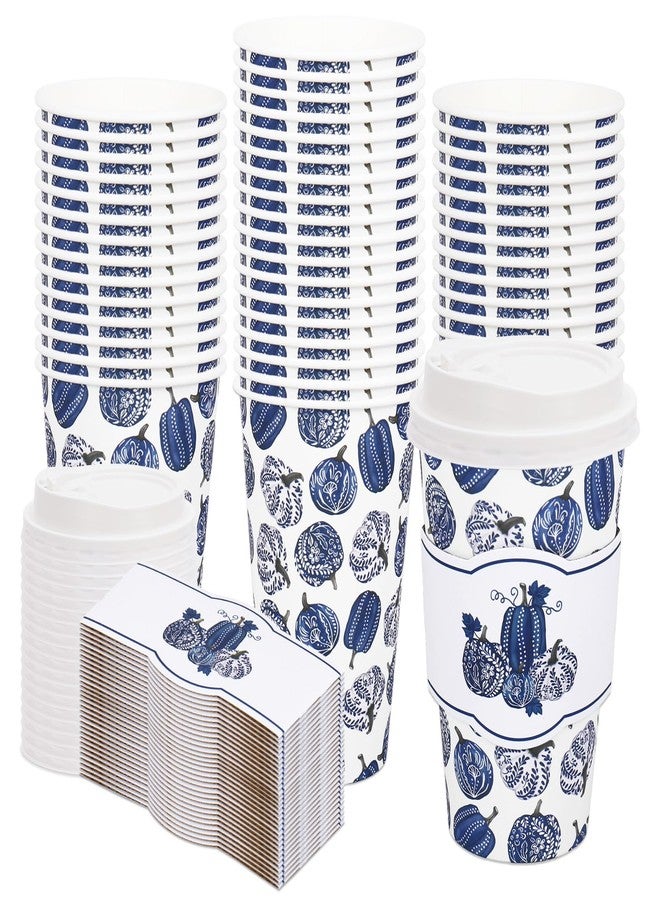 Whaline أكواب قهوة قابلة للتصرف 50 قطعة سعة 16 أونصة من وايلين مع أغطية وأكمام زرقاء بيضاء مزينة بالقرع والزهور لأغراض الخريف وعيد الشكر للمطاعم والبيت - Image 1