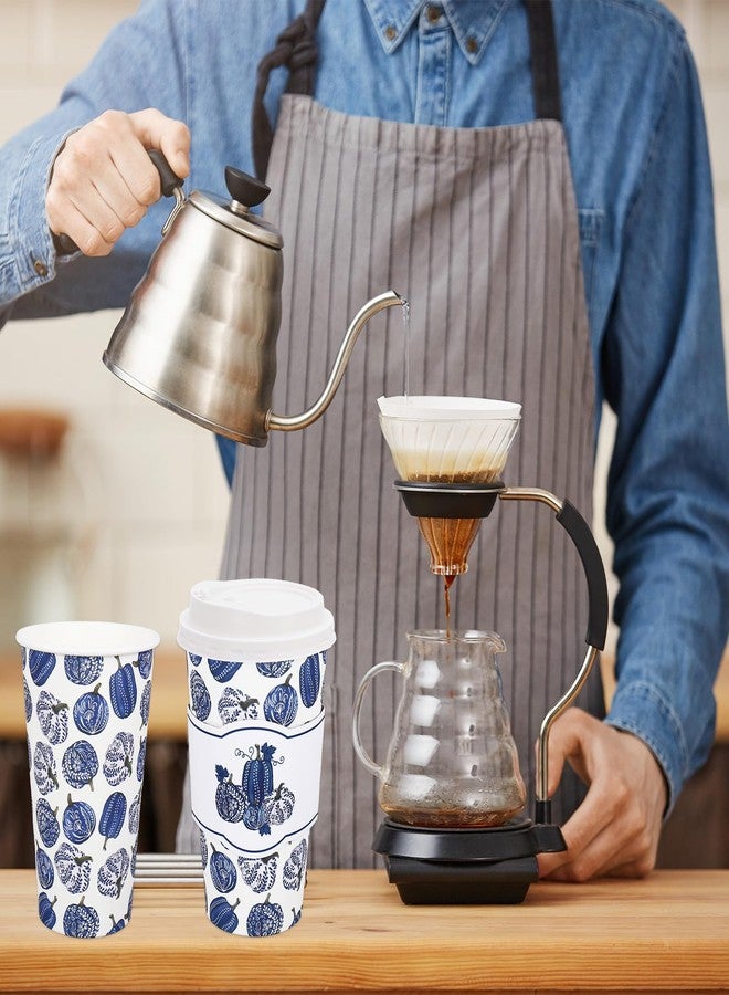 Whaline أكواب قهوة قابلة للتصرف 50 قطعة سعة 16 أونصة من وايلين مع أغطية وأكمام زرقاء بيضاء مزينة بالقرع والزهور لأغراض الخريف وعيد الشكر للمطاعم والبيت - Image 4