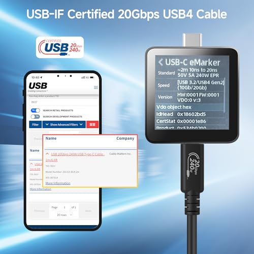 Cable Matters USBIF Certified 20Gbps USB 4 Cable 66ft Supports Up to 8K30Hz 4K120Hz Video 240W Charging 20Gbps Data Transfer USB4 Cable Compatible with Thunderbolt 4 MacBook XPS - Image 3